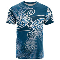 Aotearoa Maori Koru Curves T Shirt Silver Ferns - Navy Blue