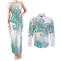 Aotearoa Maori Koru Curves Couples Matching Tank Maxi Dress and Long Sleeve Button Shirt Mossy Paua Shell LT7 Green - Polynesian Pride