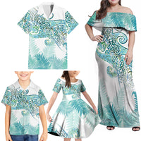 Aotearoa Maori Koru Curves Family Matching Off Shoulder Maxi Dress and Hawaiian Shirt Mossy Paua Shell LT7 - Polynesian Pride