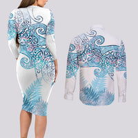 Aotearoa Maori Koru Curves Couples Matching Long Sleeve Bodycon Dress and Long Sleeve Button Shirt Aqua Paua Shell