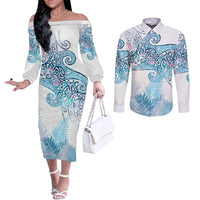Aotearoa Maori Koru Curves Couples Matching Off The Shoulder Long Sleeve Dress and Long Sleeve Button Shirt Aqua Paua Shell LT7 Blue - Polynesian Pride