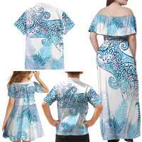 Aotearoa Maori Koru Curves Family Matching Off Shoulder Maxi Dress and Hawaiian Shirt Aqua Paua Shell LT7 - Polynesian Pride