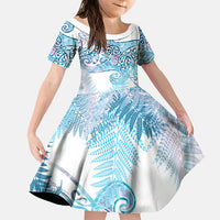 Aotearoa Maori Koru Curves Family Matching Off Shoulder Short Dress and Hawaiian Shirt Aqua Paua Shell LT7 Daughter's Dress Blue - Polynesian Pride
