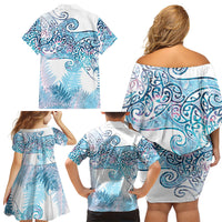 Aotearoa Maori Koru Curves Family Matching Off Shoulder Short Dress and Hawaiian Shirt Aqua Paua Shell LT7 - Polynesian Pride