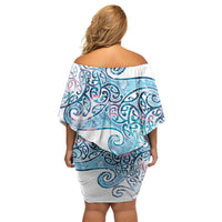 Aotearoa Maori Koru Curves Family Matching Off Shoulder Short Dress and Hawaiian Shirt Aqua Paua Shell LT7 - Polynesian Pride
