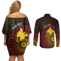 Papua New Guinea Independence Personalized Couples Matching Off Shoulder Short Dress and Long Sleeve Button Shirt Tapa Circle