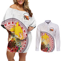 Hapi De Bilong Indipendens Papua New Guinea Couples Matching Off Shoulder Short Dress and Long Sleeve Button Shirt PNG Lime Pot LT7 White - Polynesian Pride