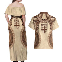 Bula Fiji Day 55th Anniversary Masi Tapa Couples Matching Off Shoulder Maxi Dress and Hawaiian Shirt Emerald Jubilee - Beige LT7 - Polynesian Pride