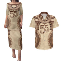 Bula Fiji Day 55th Anniversary Masi Tapa Couples Matching Puletasi and Hawaiian Shirt Emerald Jubilee - Beige LT7 Beige - Polynesian Pride