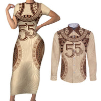 Bula Fiji Day 55th Anniversary Masi Tapa Couples Matching Short Sleeve Bodycon Dress and Long Sleeve Button Shirt Emerald Jubilee - Beige LT7 Beige - Polynesian Pride