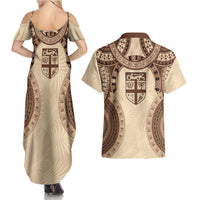 Bula Fiji Day 55th Anniversary Masi Tapa Couples Matching Summer Maxi Dress and Hawaiian Shirt Emerald Jubilee - Beige LT7 - Polynesian Pride