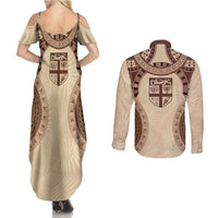 Bula Fiji Day 55th Anniversary Masi Tapa Couples Matching Summer Maxi Dress and Long Sleeve Button Shirt Emerald Jubilee - Beige LT7 - Polynesian Pride