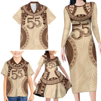 Bula Fiji Day 55th Anniversary Masi Tapa Family Matching Long Sleeve Bodycon Dress and Hawaiian Shirt Emerald Jubilee - Beige LT7 - Polynesian Pride
