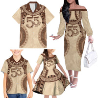 Bula Fiji Day 55th Anniversary Masi Tapa Family Matching Off The Shoulder Long Sleeve Dress and Hawaiian Shirt Emerald Jubilee - Beige LT7 - Polynesian Pride