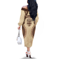 Bula Fiji Day 55th Anniversary Masi Tapa Family Matching Off The Shoulder Long Sleeve Dress and Hawaiian Shirt Emerald Jubilee - Beige LT7 - Polynesian Pride