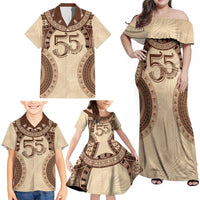 Bula Fiji Day 55th Anniversary Masi Tapa Family Matching Off Shoulder Maxi Dress and Hawaiian Shirt Emerald Jubilee - Beige LT7 - Polynesian Pride