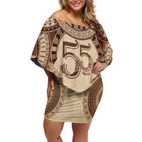 Bula Fiji Day 55th Anniversary Masi Tapa Family Matching Off Shoulder Short Dress and Hawaiian Shirt Emerald Jubilee - Beige LT7 Mom's Dress Beige - Polynesian Pride