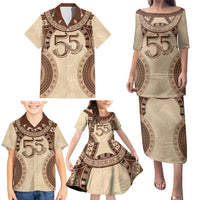 Bula Fiji Day 55th Anniversary Masi Tapa Family Matching Puletasi and Hawaiian Shirt Emerald Jubilee - Beige LT7 - Polynesian Pride
