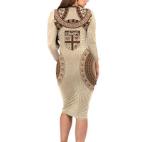 Bula Fiji Day 55th Anniversary Masi Tapa Long Sleeve Bodycon Dress Emerald Jubilee - Beige LT7 - Polynesian Pride