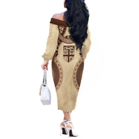 Bula Fiji Day 55th Anniversary Masi Tapa Off The Shoulder Long Sleeve Dress Emerald Jubilee - Beige LT7 - Polynesian Pride