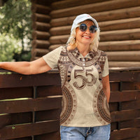 Bula Fiji Day 55th Anniversary Masi Tapa Women Polo Shirt Emerald Jubilee - Beige - Polynesian Pride