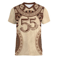 Bula Fiji Day 55th Anniversary Masi Tapa Women V-Neck T-Shirt Emerald Jubilee - Beige LT7 Female Beige - Polynesian Pride