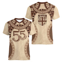Bula Fiji Day 55th Anniversary Masi Tapa Women V-Neck T-Shirt Emerald Jubilee - Beige LT7 - Polynesian Pride