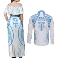 Bula Fiji Day 55th Anniversary Masi Tapa Couples Matching Off Shoulder Maxi Dress and Long Sleeve Button Shirt Emerald Jubilee - Turquoise LT7 - Polynesian Pride