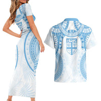 Bula Fiji Day 55th Anniversary Masi Tapa Couples Matching Short Sleeve Bodycon Dress and Hawaiian Shirt Emerald Jubilee - Turquoise LT7 - Polynesian Pride