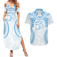 Bula Fiji Day 55th Anniversary Masi Tapa Couples Matching Summer Maxi Dress and Hawaiian Shirt Emerald Jubilee - Turquoise LT7 Turquoise - Polynesian Pride