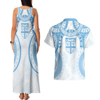 Bula Fiji Day 55th Anniversary Masi Tapa Couples Matching Tank Maxi Dress and Hawaiian Shirt Emerald Jubilee - Turquoise LT7 - Polynesian Pride