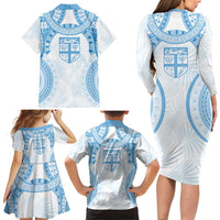 Bula Fiji Day 55th Anniversary Masi Tapa Family Matching Long Sleeve Bodycon Dress and Hawaiian Shirt Emerald Jubilee - Turquoise LT7 - Polynesian Pride