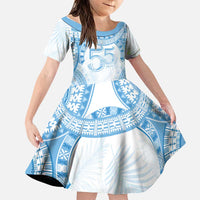 Bula Fiji Day 55th Anniversary Masi Tapa Family Matching Puletasi and Hawaiian Shirt Emerald Jubilee - Turquoise LT7 Daughter's Dress Turquoise - Polynesian Pride
