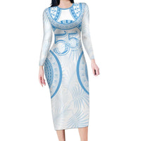 Bula Fiji Day 55th Anniversary Masi Tapa Long Sleeve Bodycon Dress Emerald Jubilee - Turquoise LT7 Long Dress Turquoise - Polynesian Pride