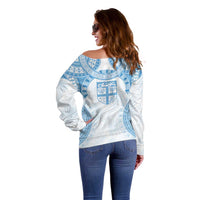 Bula Fiji Day 55th Anniversary Masi Tapa Off Shoulder Sweater Emerald Jubilee - Turquoise - Polynesian Pride
