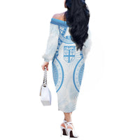 Bula Fiji Day 55th Anniversary Masi Tapa Off The Shoulder Long Sleeve Dress Emerald Jubilee - Turquoise LT7 - Polynesian Pride