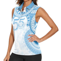 Bula Fiji Day 55th Anniversary Masi Tapa Women Sleeveless Polo Shirt Emerald Jubilee - Turquoise LT7 - Polynesian Pride