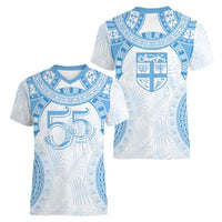 Bula Fiji Day 55th Anniversary Masi Tapa Women V-Neck T-Shirt Emerald Jubilee - Turquoise LT7 - Polynesian Pride