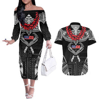 Personalized Talofa Samoa Couples Matching Off The Shoulder Long Sleeve Dress and Hawaiian Shirt Ulafala With Toa Nifo'oti - Black LT7 Black - Polynesian Pride