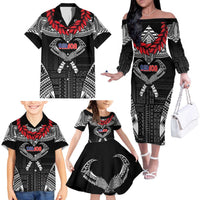 Personalized Talofa Samoa Family Matching Off The Shoulder Long Sleeve Dress and Hawaiian Shirt Ulafala With Toa Nifo'oti - Black LT7 - Polynesian Pride