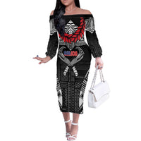 Personalized Talofa Samoa Family Matching Off The Shoulder Long Sleeve Dress and Hawaiian Shirt Ulafala With Toa Nifo'oti - Black LT7 Mom's Dress Black - Polynesian Pride