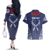 Personalized Talofa Samoa Couples Matching Off The Shoulder Long Sleeve Dress and Hawaiian Shirt Ulafala With Toa Nifo'oti - Blue LT7 - Polynesian Pride
