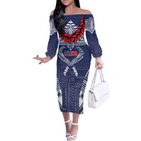 Personalized Talofa Samoa Family Matching Off The Shoulder Long Sleeve Dress and Hawaiian Shirt Ulafala With Toa Nifo'oti - Blue LT7 Mom's Dress Blue - Polynesian Pride