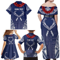 Personalized Talofa Samoa Family Matching Off Shoulder Maxi Dress and Hawaiian Shirt Ulafala With Toa Nifo'oti - Blue LT7 - Polynesian Pride