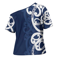 New Zealand Maori Mo Bros Cross Shoulder Shirt Blue Ribbon With Koru Kowhaiwhai LT7 - Polynesian Pride