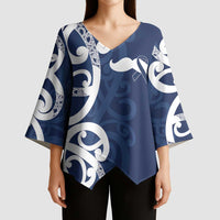 New Zealand Maori Mo Bros Kimono Sleeve Blouse Blue Ribbon With Koru Kowhaiwhai LT7 - Polynesian Pride