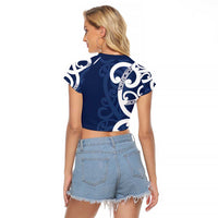 New Zealand Maori Mo Bros Raglan Cropped T Shirt Blue Ribbon With Koru Kowhaiwhai LT7 - Polynesian Pride