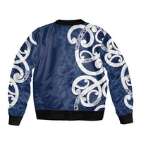 New Zealand Maori Mo Bros Sleeve Zip Bomber Jacket Blue Ribbon With Koru Kowhaiwhai LT7 - Polynesian Pride