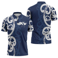New Zealand Maori Mo Bros Zipper Polo Shirt Blue Ribbon With Koru Kowhaiwhai LT7 - Polynesian Pride