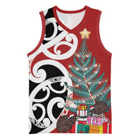 New Zealand Silver Fern Christmas Tree Basketball Jersey Meri Kirihimete LT7 Unisex Red - Polynesian Pride